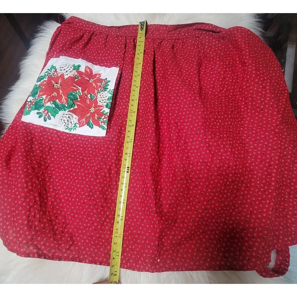 VTG Christmas Half Apron Red Ditsy Floral Poinsettia Graphic Pocket 